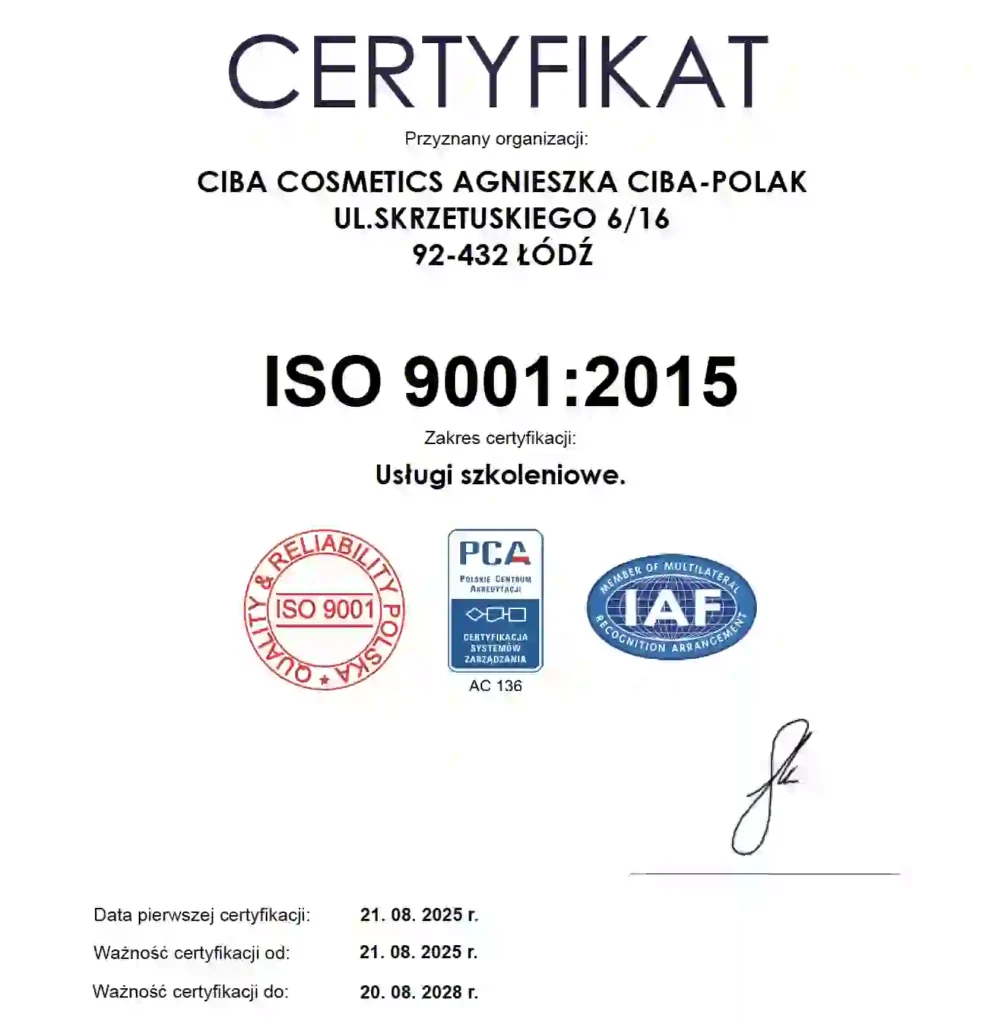 Ciba Posiadamy Certyfikat : ISO 9001:2015